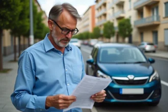 Homme vérifiant documents de voiture dans une ville française