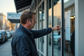 Homme vérifiant prix auto devant centre d'inspection
