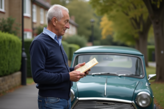 Homme d'âge moyen avec voiture ancienne et document