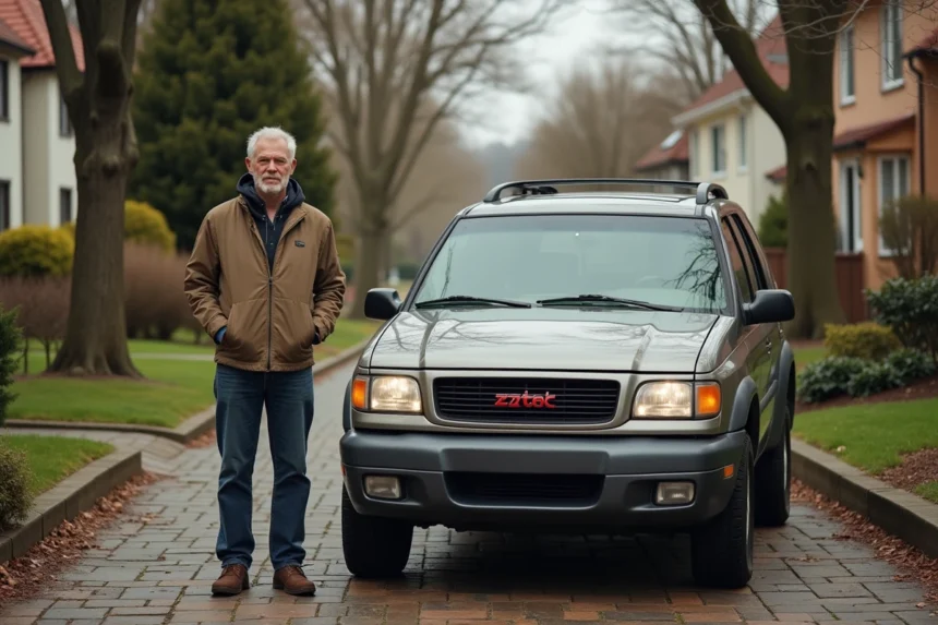 Homme détendu à côté d'une Aztek vintage dans un cadre suburbain