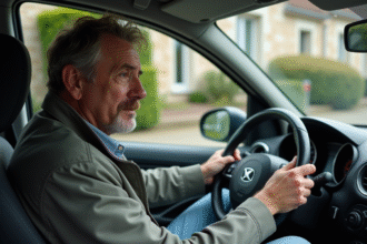 Homme français en voiture avec expression préoccupée