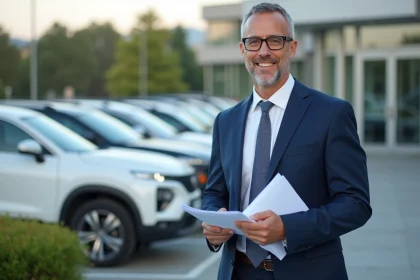 Homme d'affaires avec documents et voitures modernes