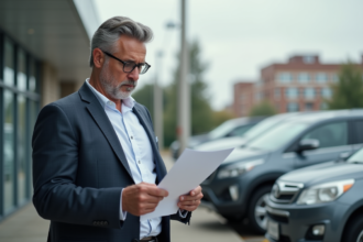 Homme d'âge moyen examinant des papiers devant un concessionnaire