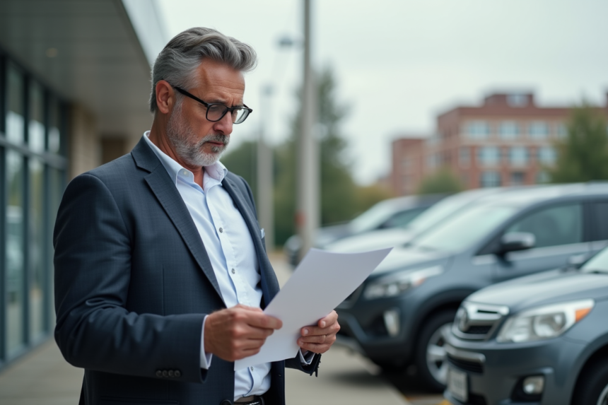 Homme d'âge moyen examinant des papiers devant un concessionnaire