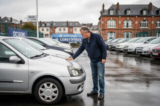 Homme inspectant une voiture d'occasion à Lille