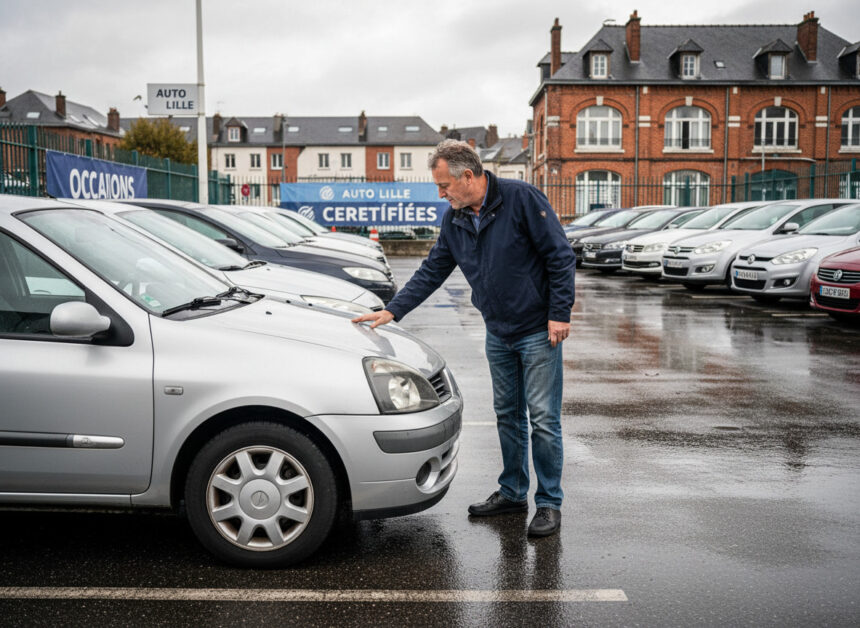 Homme inspectant une voiture d'occasion à Lille