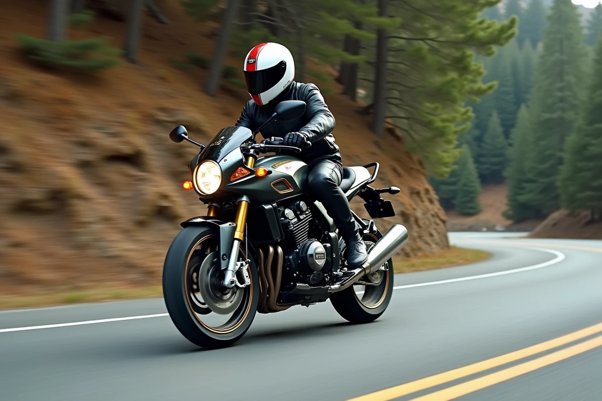 Honda CB 900 Bol d'Or en pleine courbe sur une route de montagne alpine, vue latérale en travelling, pilote en tenue de cuir