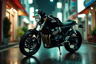 Honda CB 900 Hornet garée dans une rue urbaine pluvieuse, vue 3/4 avant, mettant en valeur son design naked agressif