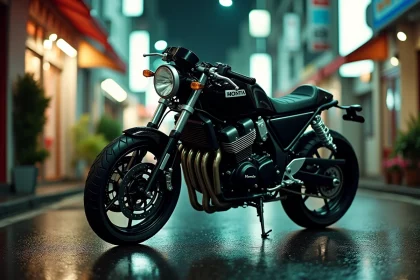 Honda CB 900 Hornet garée dans une rue urbaine pluvieuse, vue 3/4 avant, mettant en valeur son design naked agressif