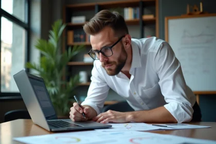 Ingénieur automobile calculant la conversion de puissance kW en chevaux sur un bureau avec documents techniques