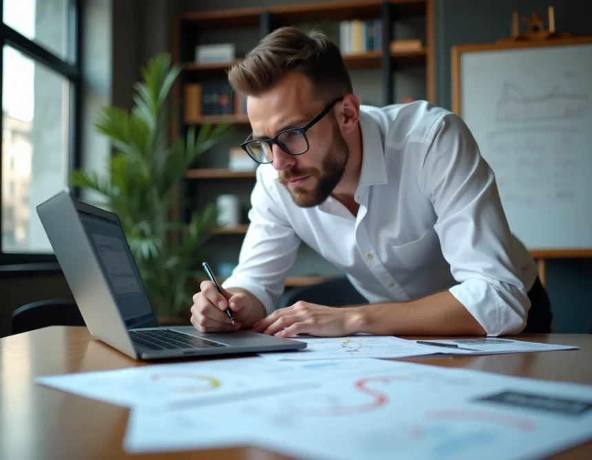 Ingénieur automobile calculant la conversion de puissance kW en chevaux sur un bureau avec documents techniques