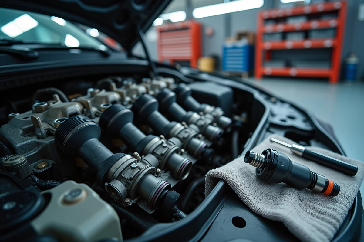 Vue rapprochée des injecteurs exposés sur la culasse d'un moteur diesel 1.6 HDi en cours de diagnostic
