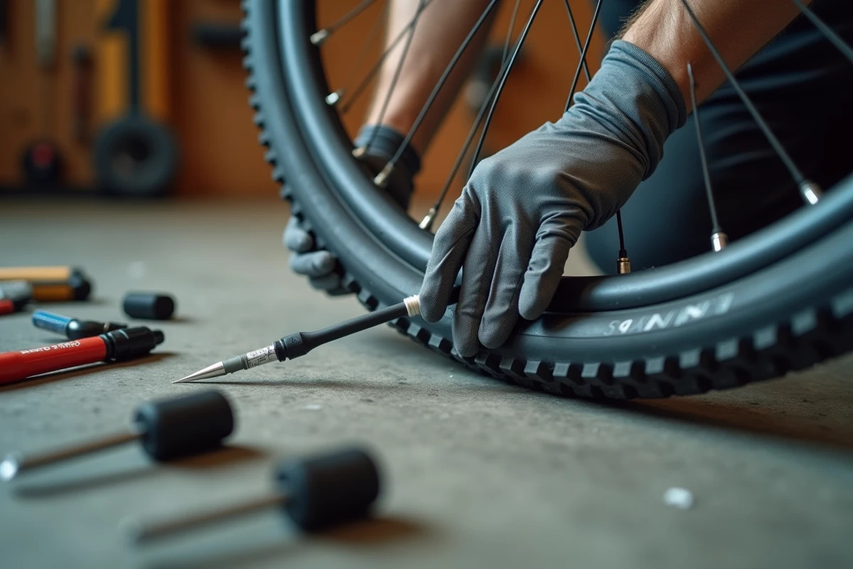 Injection de liquide préventif tubeless dans la valve d'un VTT avec une seringue dans un atelier de réparation vélo