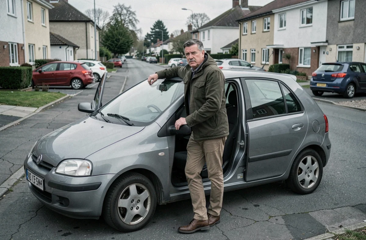 Homme inspectant l'habitacle d'une voiture d'occasion dans une rue résidentielle avant achat