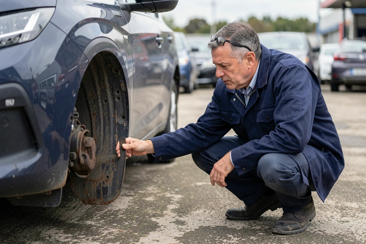 Inspecteur automobile examinant une Peugeot 2026 d'occasion dans un lot de concessionnaire
