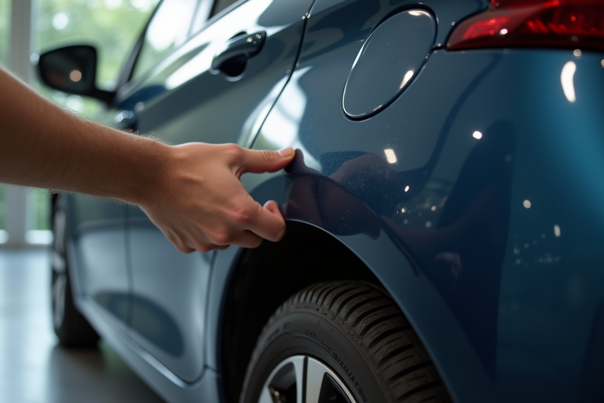 Main inspectant l arriere de la Peugeot 208
