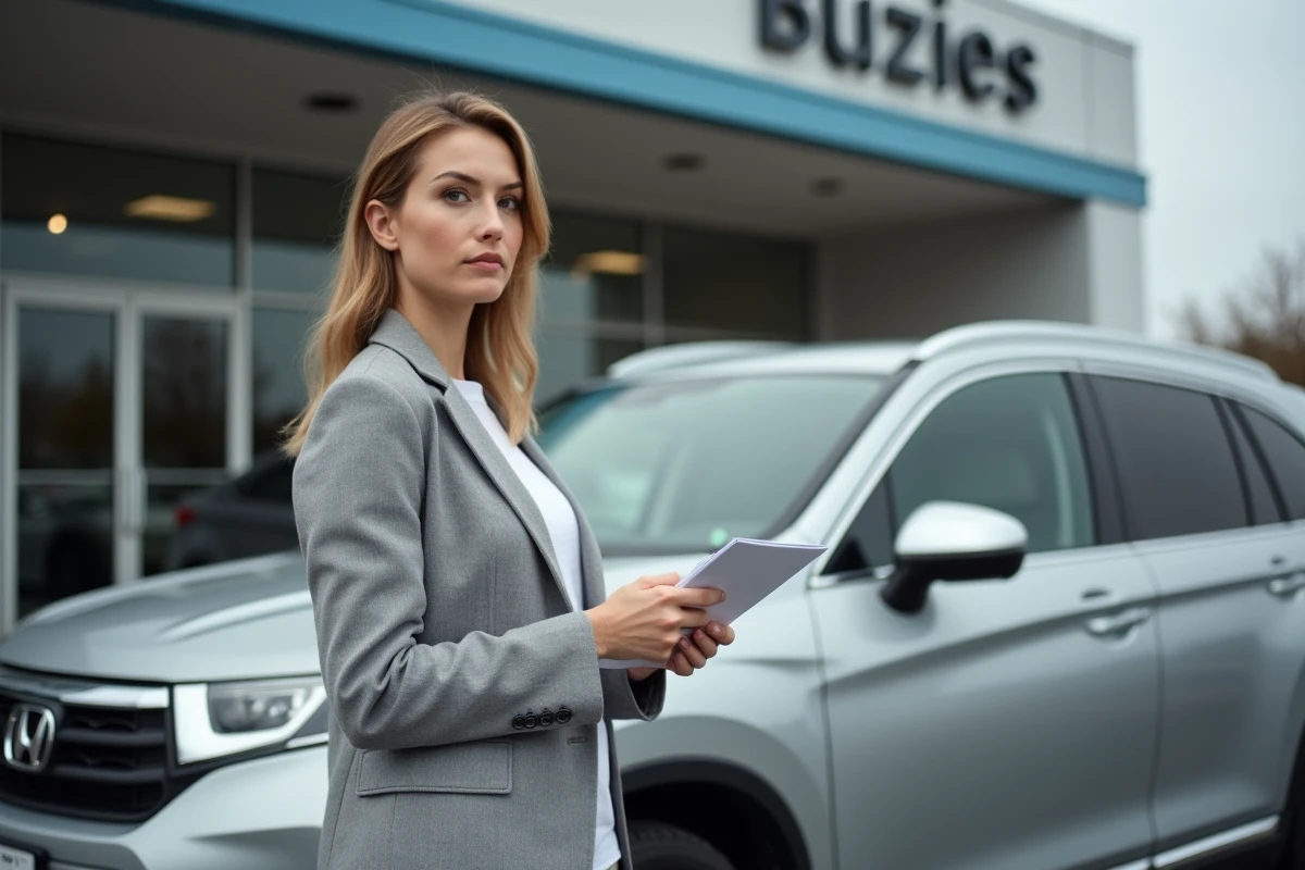 Femme inspectant une voiture lors d'une transaction automobile avec garanties et frais associés