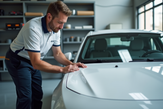 Installateur PPF appliquant un film sur une voiture blanche