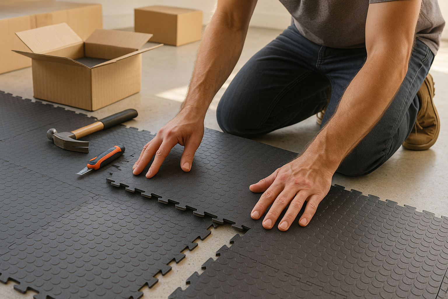 Gros plan sur des mains posant des dalles en caoutchouc pour le sol du garage