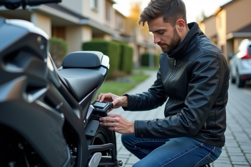 Jeune homme installant un GPS sous la selle d'une moto sportive