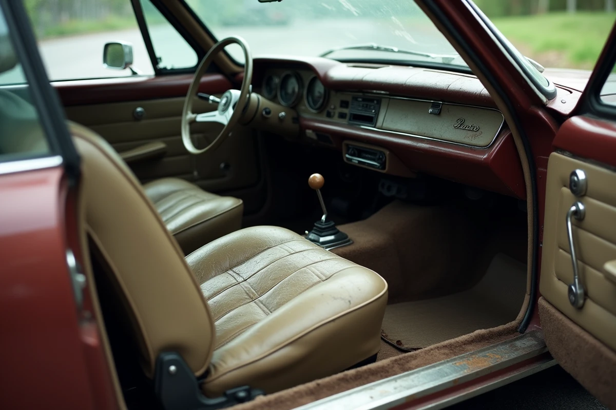 Intérieur détérioré d'une voiture ancienne avec sièges fissurés et tableau de bord rayé, facteurs qui réduisent la valeur d'un véhicule de collection