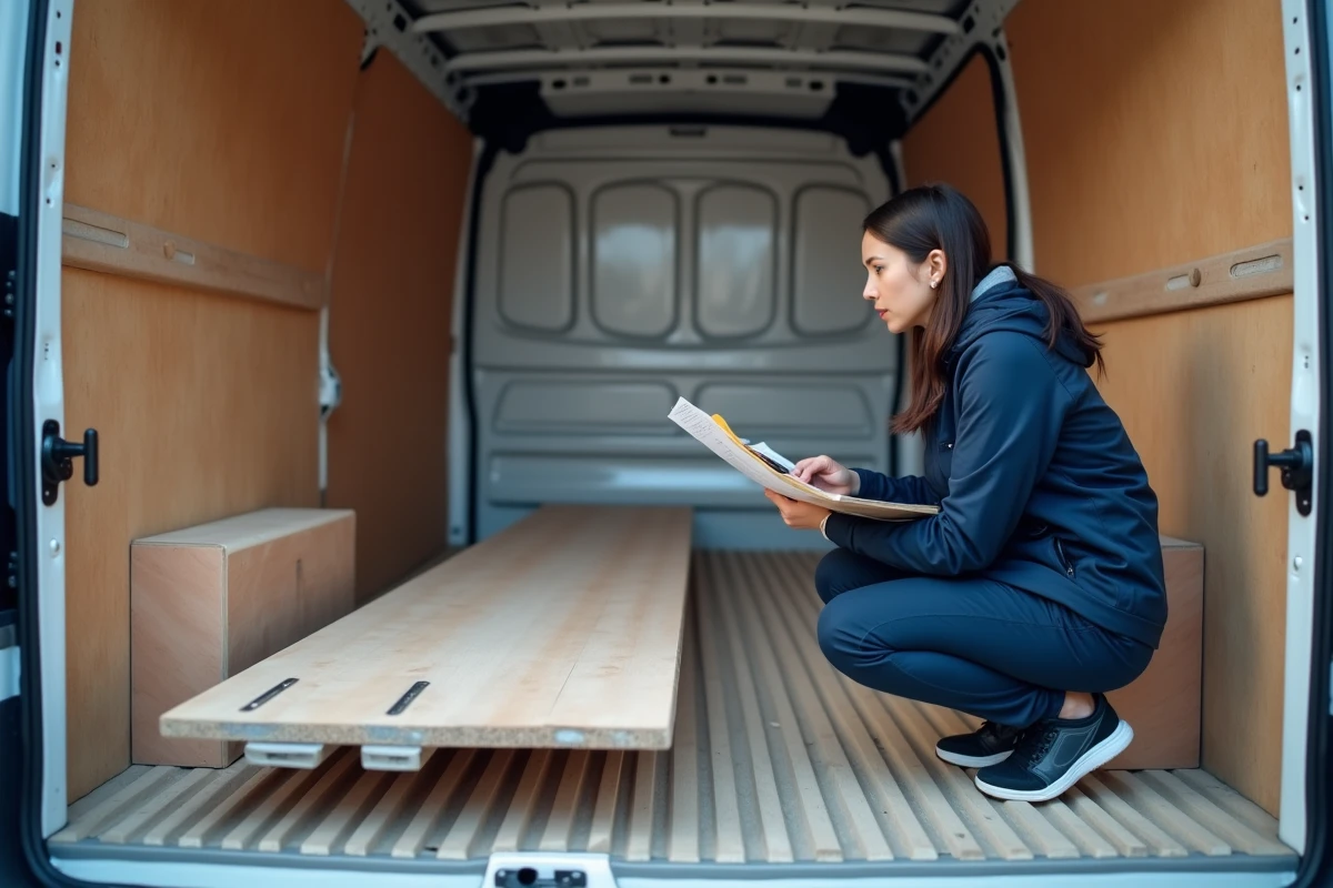 Professionnelle de la logistique vérifiant le plan de chargement de plaques et barres métalliques dans un fourgon L1H1