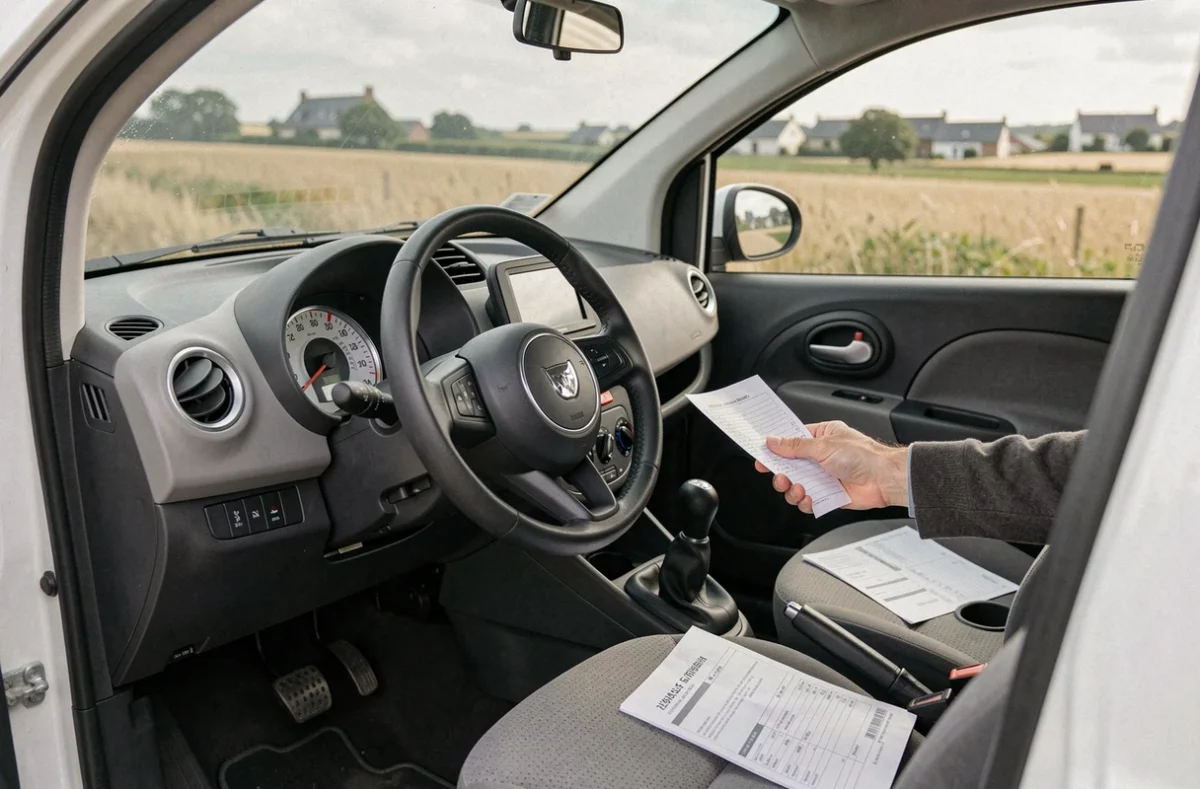 Intérieur d'une voiture sans permis d'occasion avec document de contrôle technique sur le siège passager en Bretagne