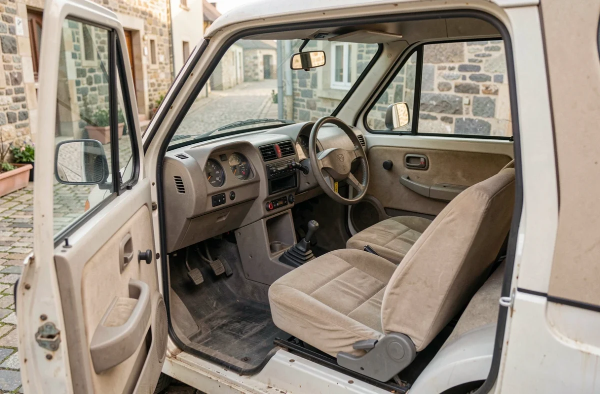 Intérieur d'une voiture sans permis d'occasion avec tableau de bord simple dans un village du Morbihan