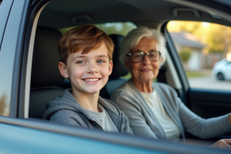 Jeune garçon souriant avec sa grand-mère dans la voiture