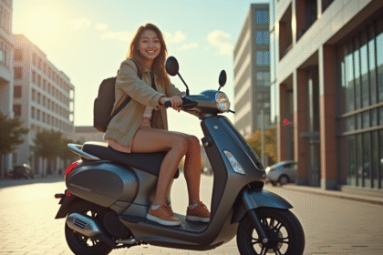 Jeune adulte souriant sur scooter urbain moderne