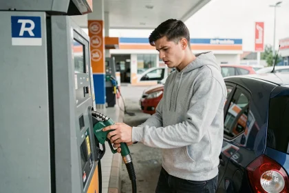 Jeune conducteur à la pompe à essence regardant les prix du carburant avec attention
