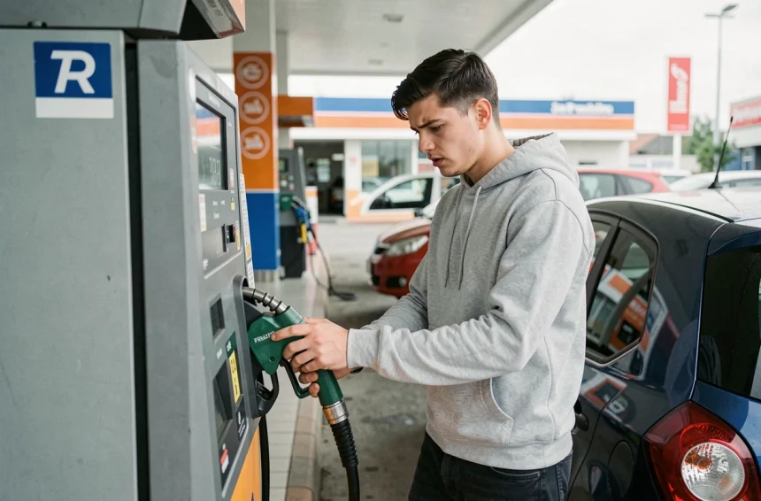 Jeune conducteur à la pompe à essence regardant les prix du carburant avec attention