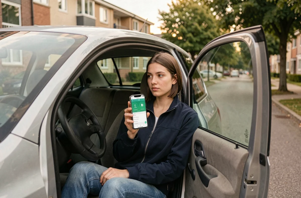 Jeune conductrice calculant son budget carburant sur smartphone dans sa voiture