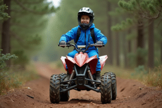 Adolescent en équipement de motocross sur un quad en forêt