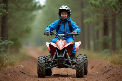 Adolescent en équipement de motocross sur un quad en forêt