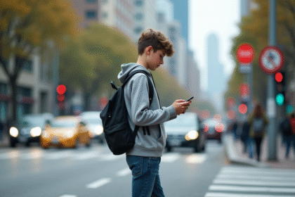 Adolescent avec sac à dos regardant son smartphone dans la ville