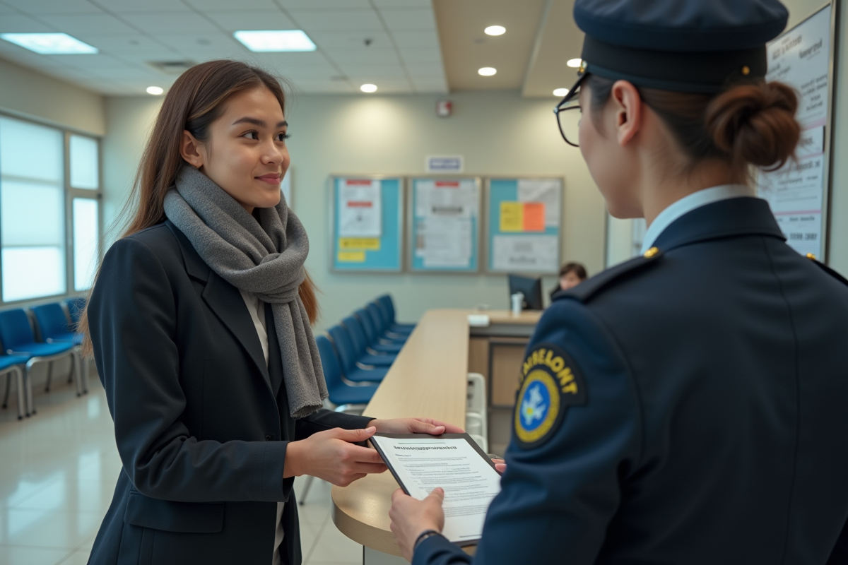 Jeune femme remettant des documents à un agent au guichet