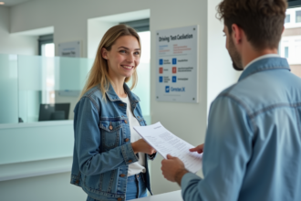 Jeune femme discutant avec une receptionniste dans un centre d'examen de conduite
