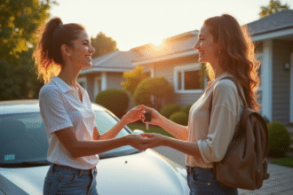 Jeune femme donnant des clés à une amie devant une voiture moderne