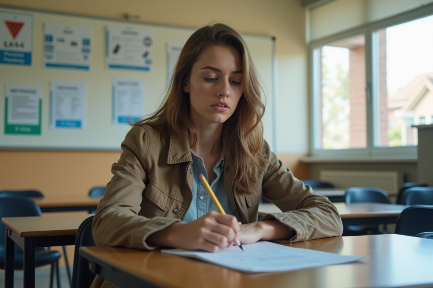 Jeune femme concentrée lors d'un test de conduite en classe