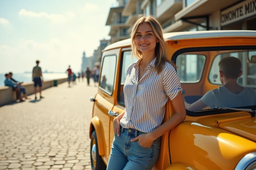 Jeune femme en striped et jeans près d'une mini moke en bord de mer
