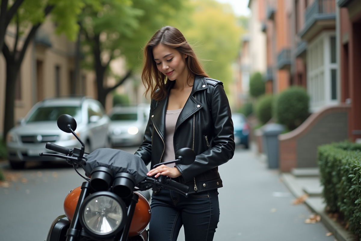 Jeune femme en moto sur une rue résidentielle