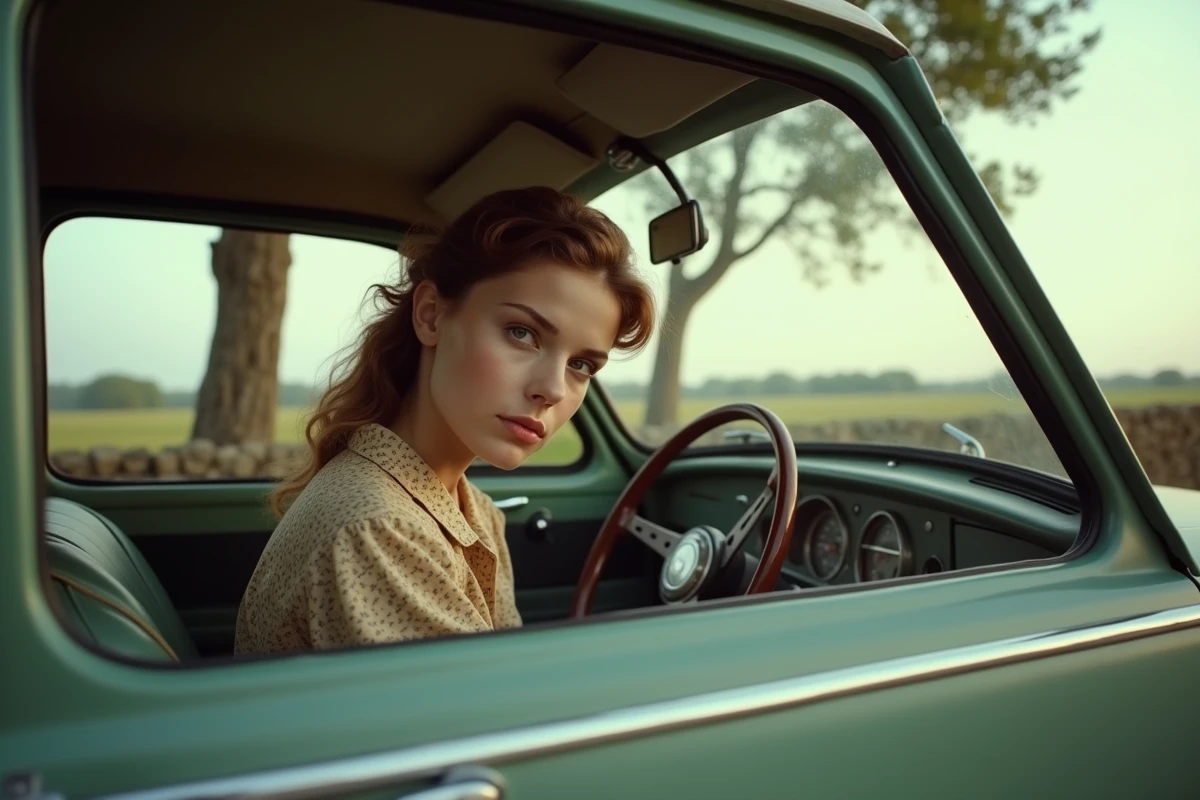 Jeune femme dans la Renault 12 regardant par la fenêtre