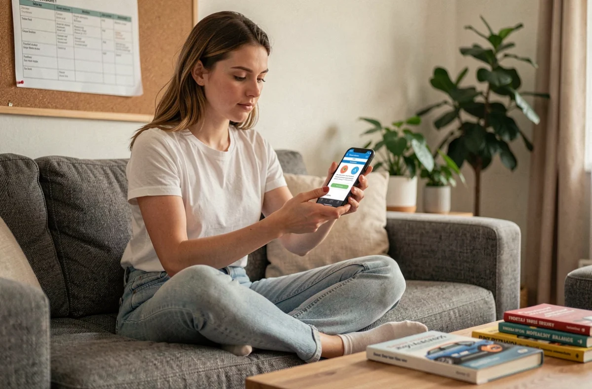 Jeune femme révisant le code de la route sur une application mobile installée sur smartphone, assise dans son salon avec un planning affiché au mur