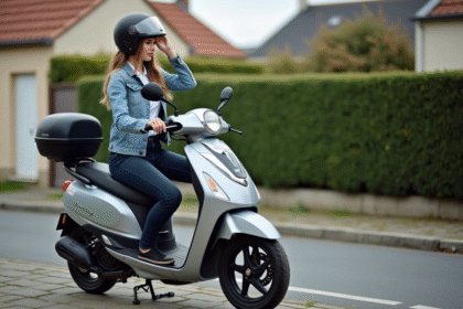 Jeune femme en denim sur un scooter dans un quartier résidentiel