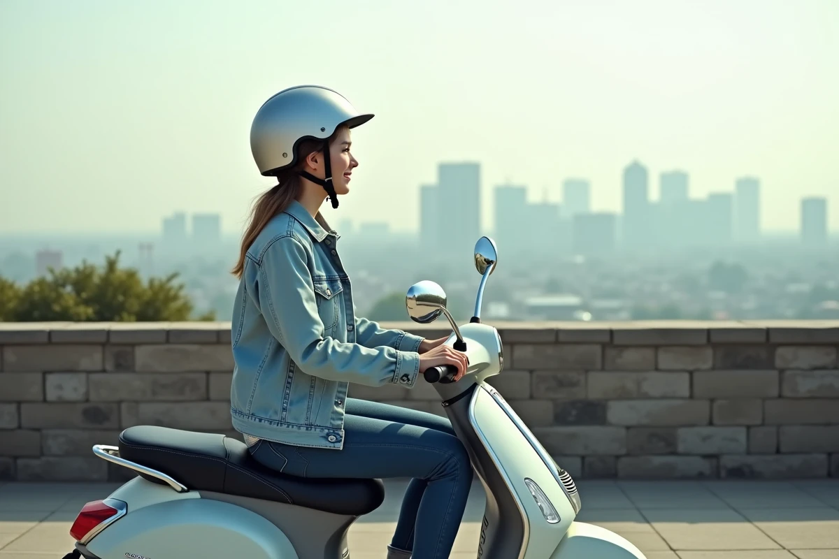 Jeune femme sur scooter avec vue sur la ville au lever du soleil