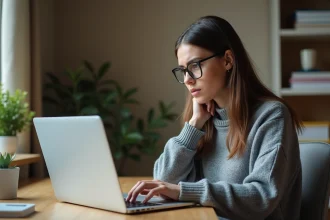 Jeune femme inquiète consultant un site non officiel pour connaître son résultat d'examen de permis de conduire