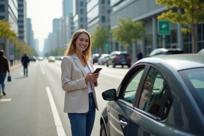 Jeune femme souriante avec smartphone près d'une voiture urbaine