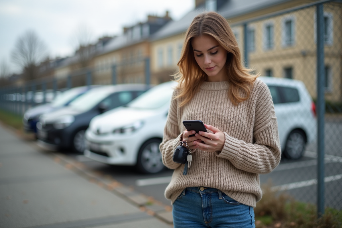 Jeune femme dans un parking urbain utilise son smartphone