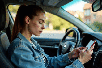 Jeune femme dans une voiture en train d'utiliser son smartphone